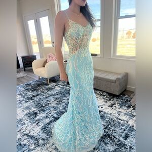 Elegant Blue Prom Sequin Gown, Sz 2